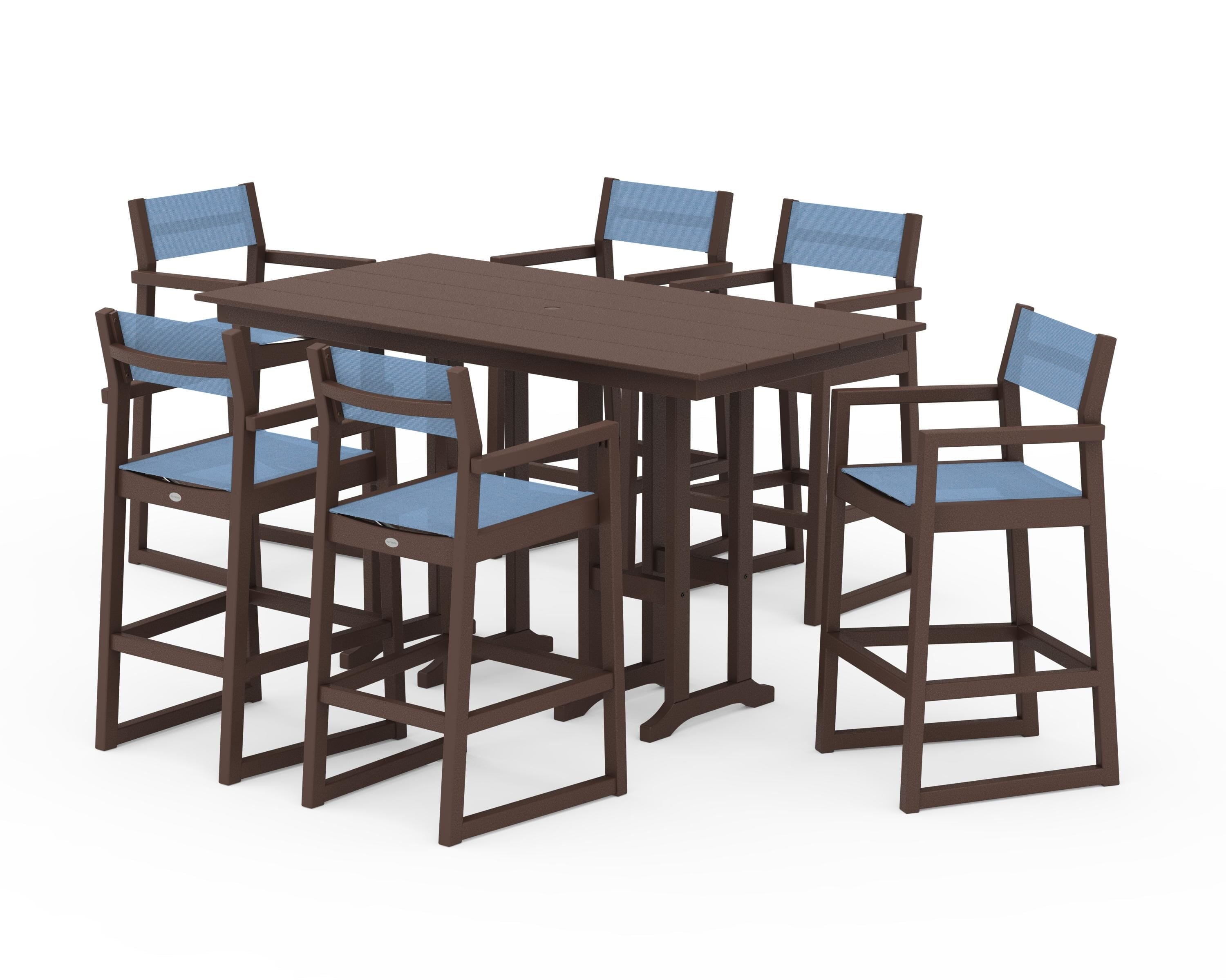POLYWOOD® EDGE Sling Arm Chair 7-Piece Farmhouse Bar Set in Mahogany / Poolside Sling