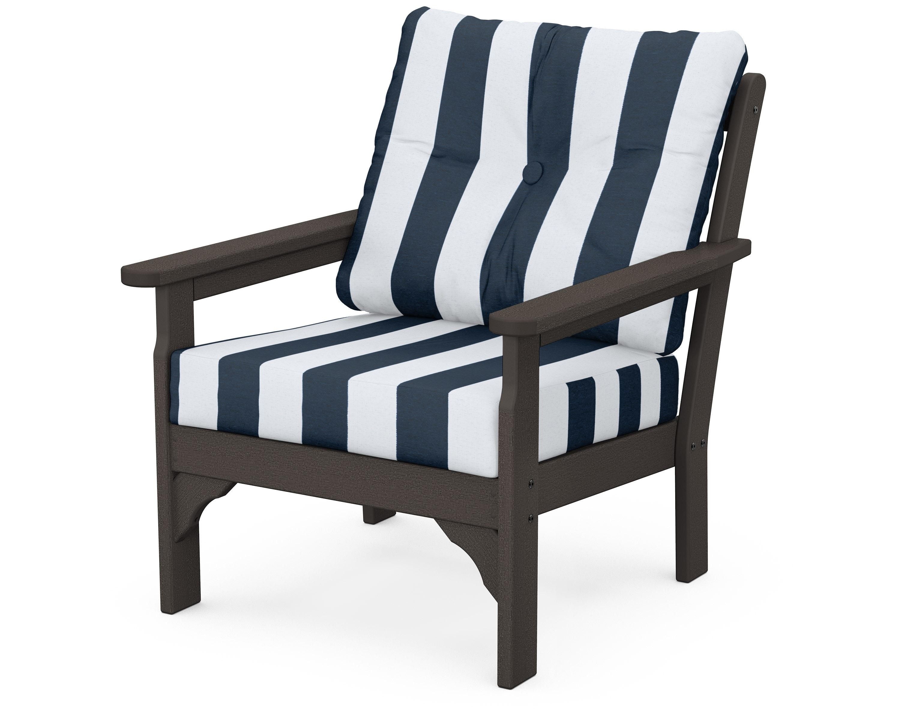 POLYWOOD® Vineyard Deep Seating Chair in Vintage Coffee / Cabana Stripe Marine Indigo