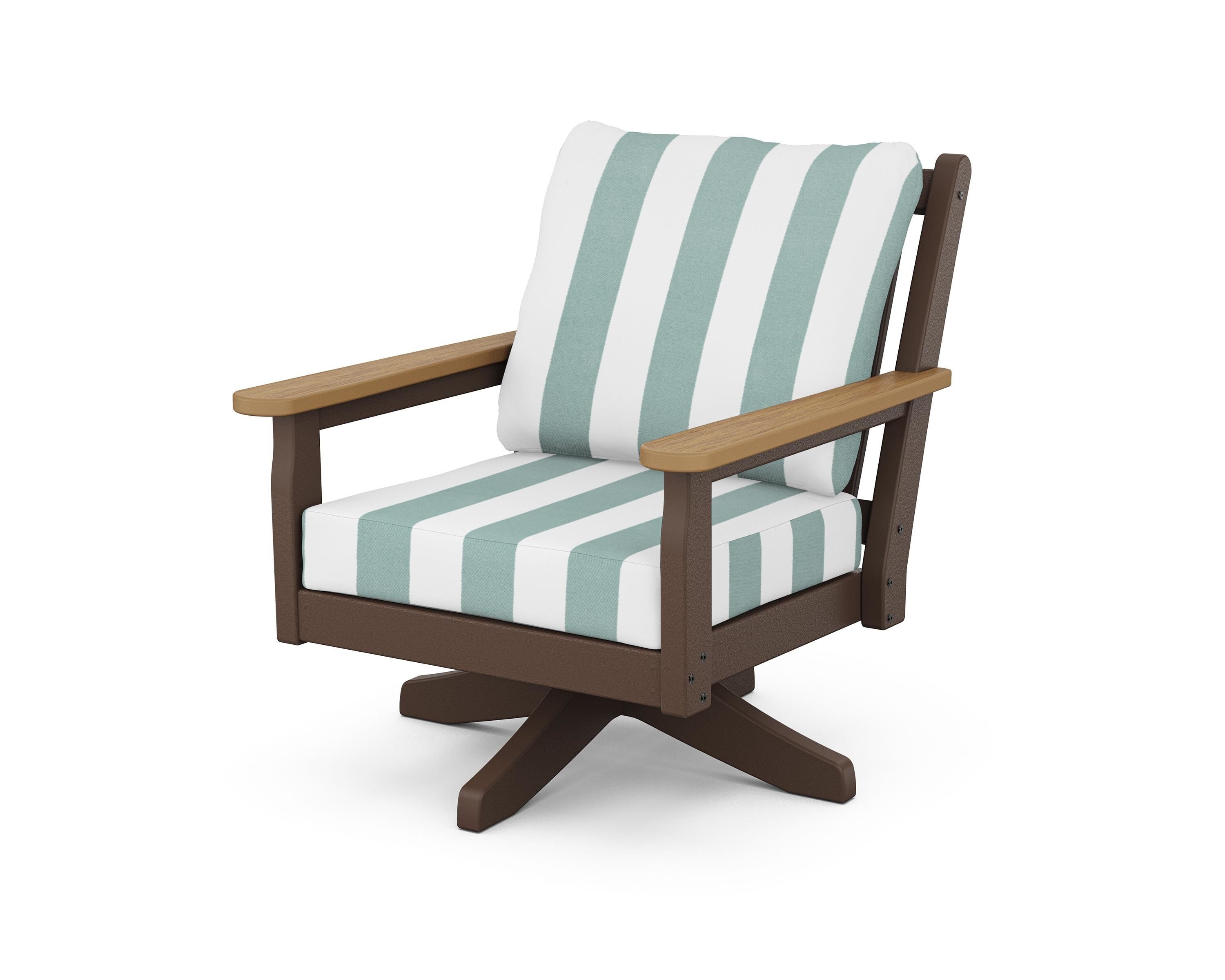 POLYWOOD® Chippendale Deep Seating Swivel Chair in Mahogany / Natural / Cabana Stripe Glacier Spa
