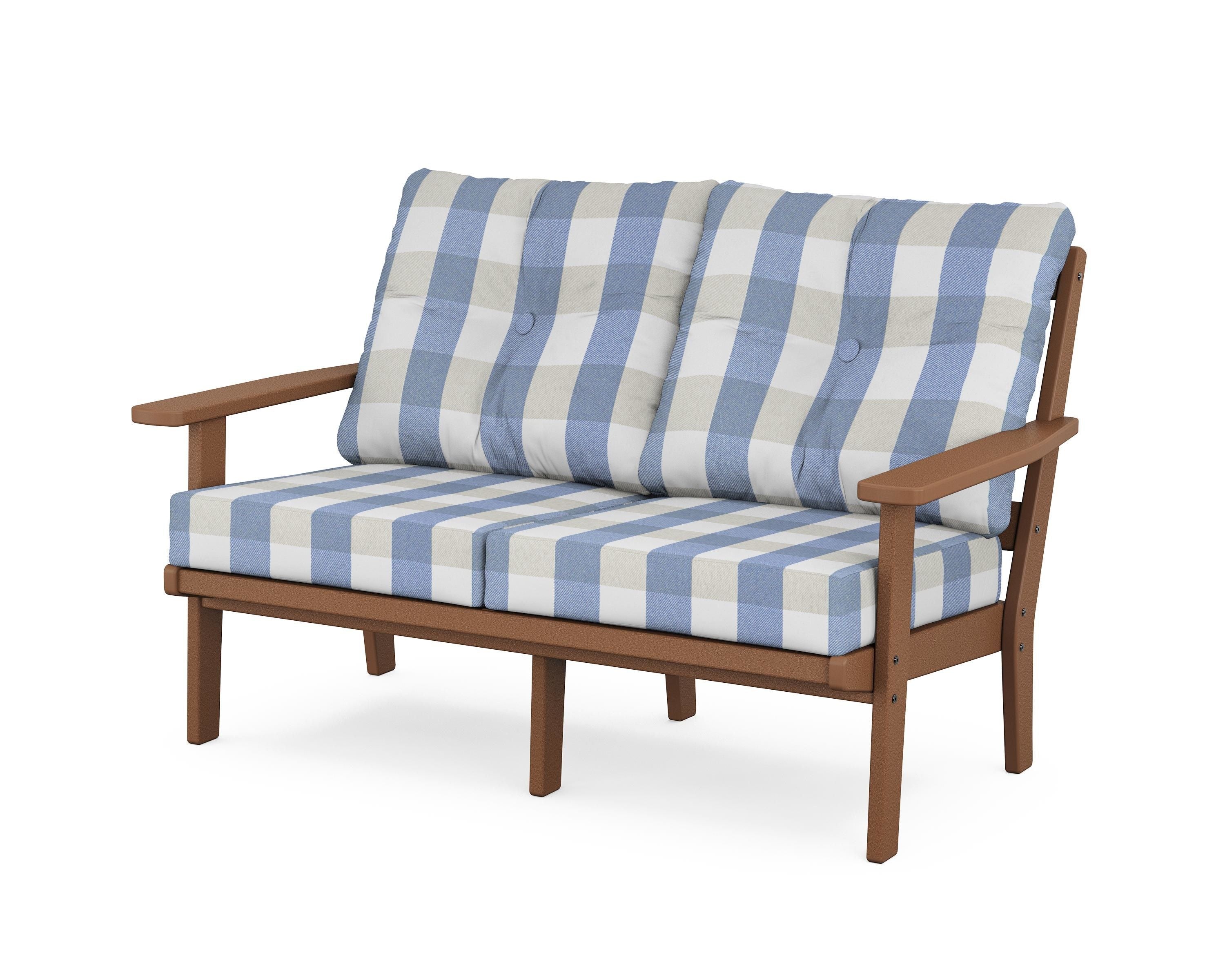 POLYWOOD® Prairie Deep Seating Loveseat in Teak / Buffalo Plaid Sky Blue