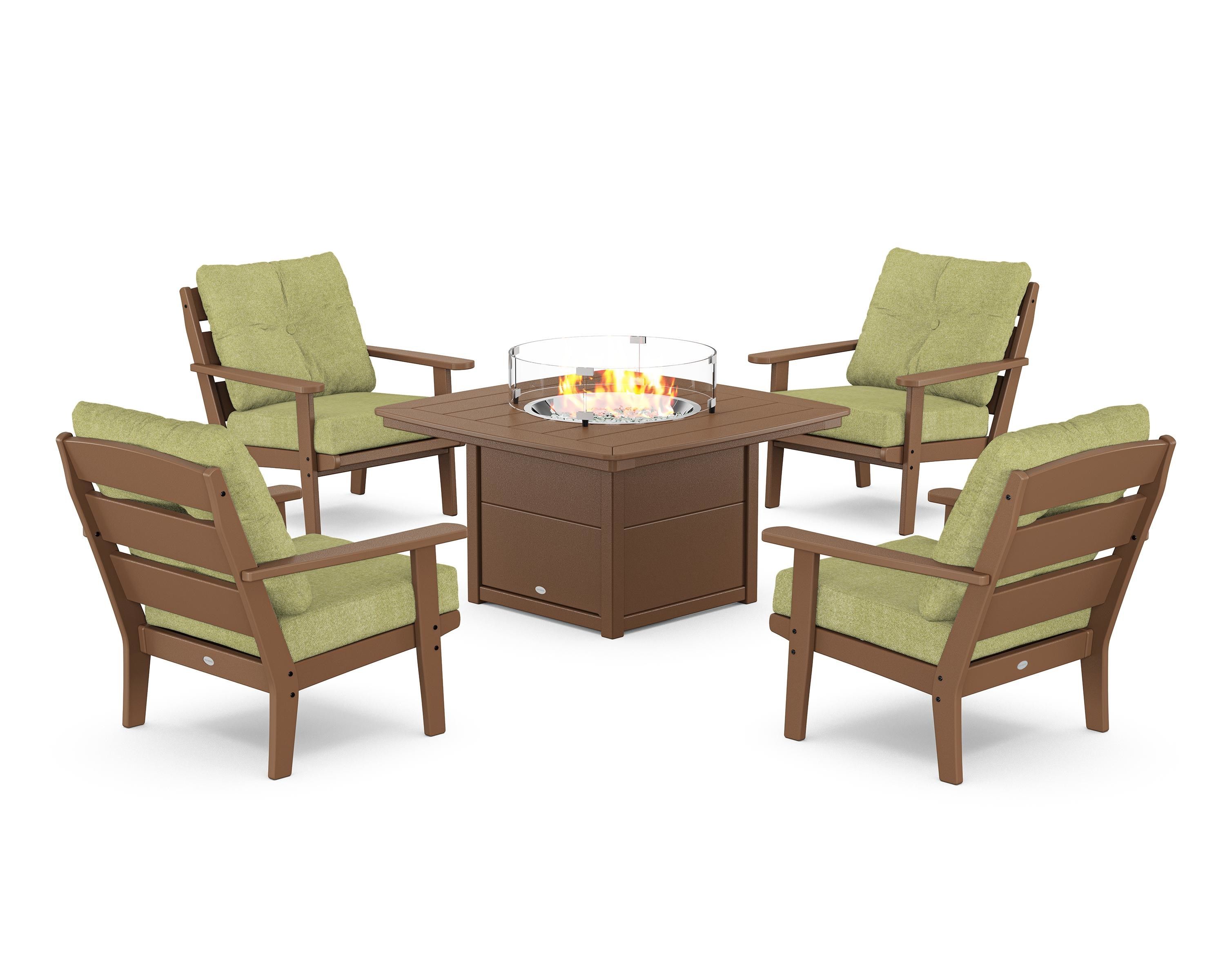 POLYWOOD® Lakeside 5-Piece Deep Seating Set with Nautical Fire Pit Table in Teak / Chartreuse Boucle