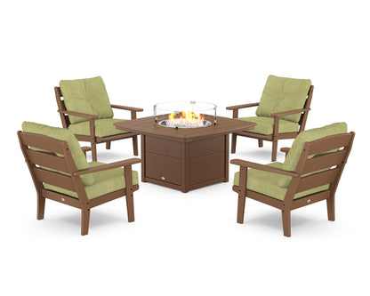 POLYWOOD® Lakeside 5-Piece Deep Seating Set with Nautical Fire Pit Table in Teak / Chartreuse Boucle