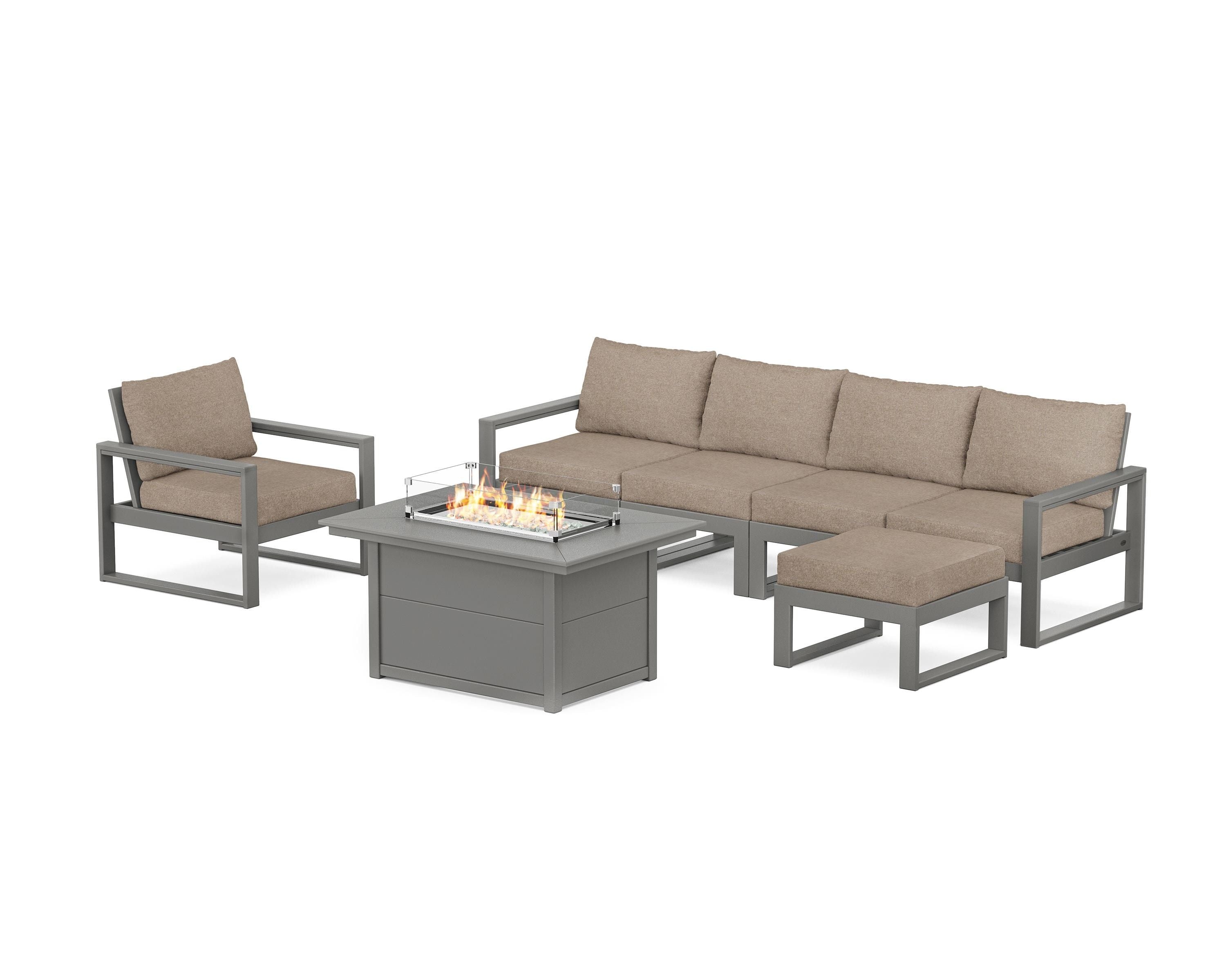 POLYWOOD® EDGE Sectional Lounge and Fire Pit Set in Slate Grey / Spiced Burlap