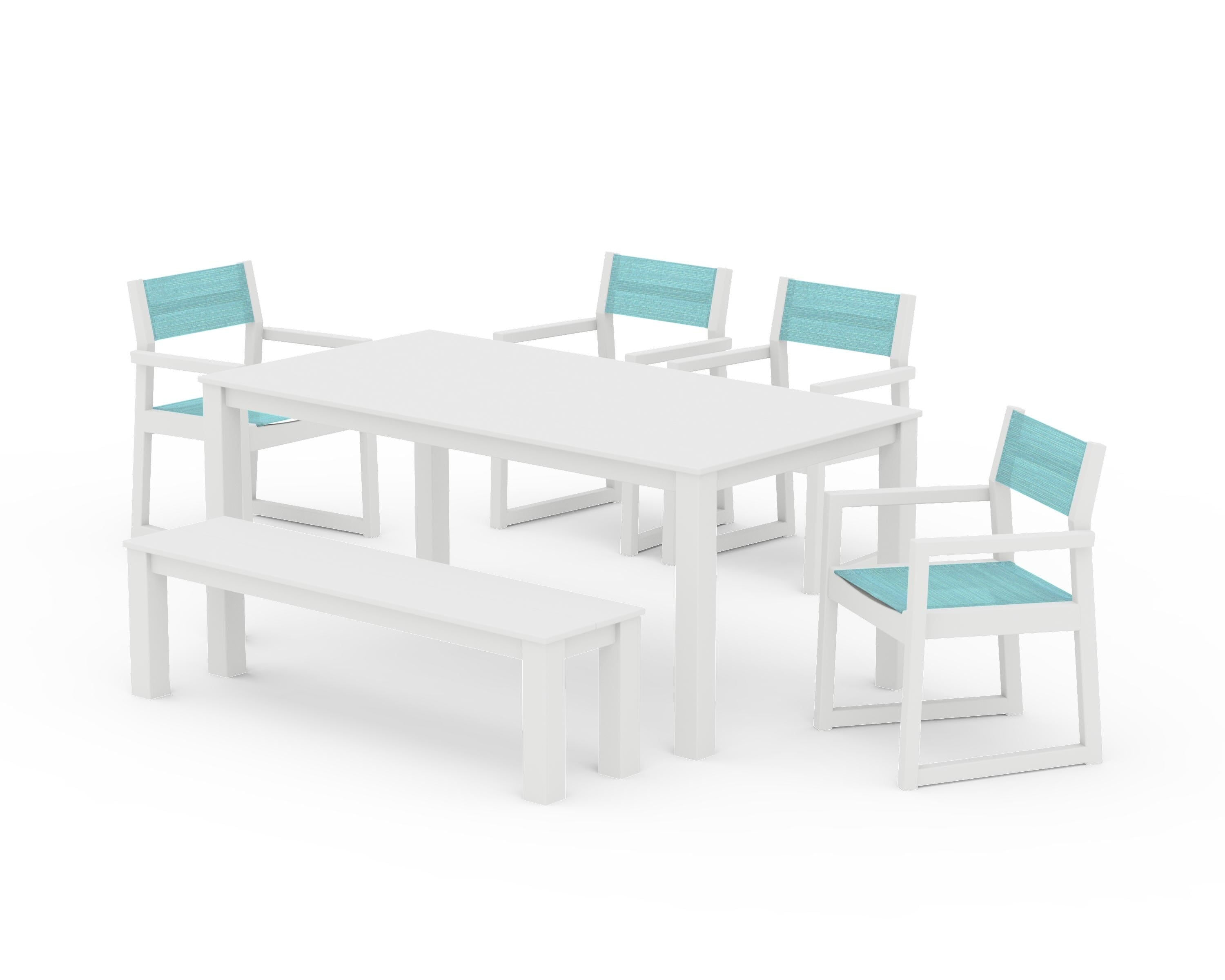 POLYWOOD® EDGE Sling Arm Chair 6-Piece Parsons Dining Set with Bench in White / Dupioni Aquamarine Sling