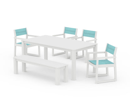 POLYWOOD® EDGE Sling Arm Chair 6-Piece Parsons Dining Set with Bench in White / Dupioni Aquamarine Sling