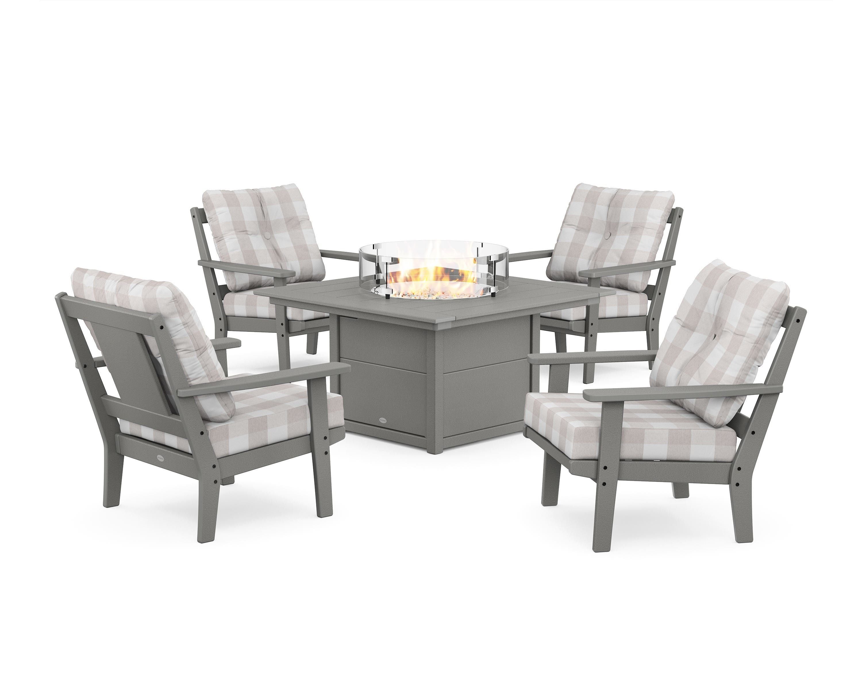 POLYWOOD® Prairie 5-Piece Deep Seating Set with Fire Pit Table in Slate Grey / Buffalo Plaid Dune Burlap