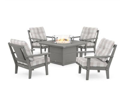 POLYWOOD® Prairie 5-Piece Deep Seating Set with Fire Pit Table in Slate Grey / Buffalo Plaid Dune Burlap