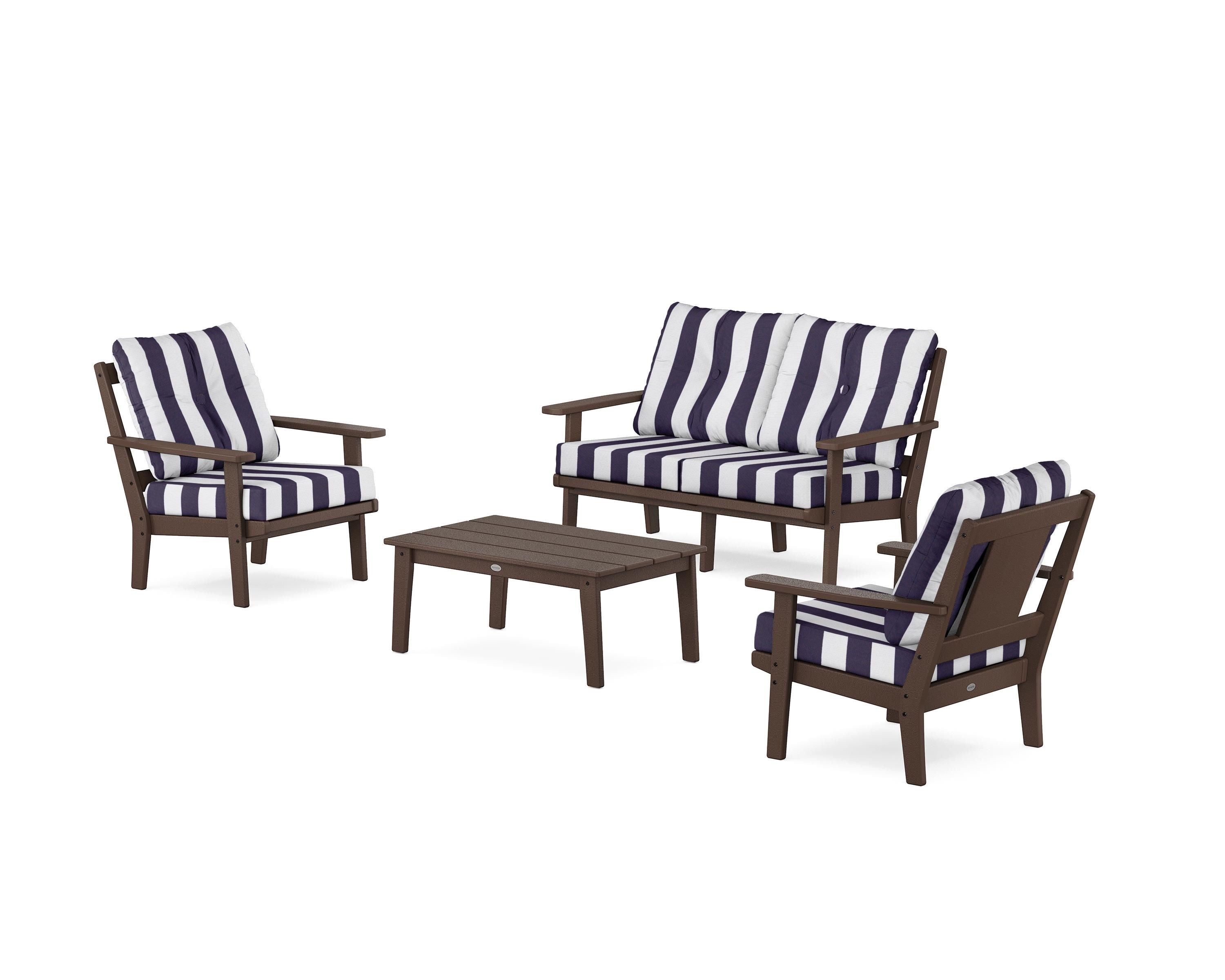 POLYWOOD® Prairie 4-Piece Deep Seating Set with Loveseat in Mahogany / Cabana Stripe Navy