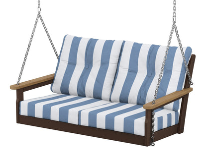 POLYWOOD® Vineyard Deep Seating Swing in Mahogany / Natural / Cabana Stripe Sky Blue