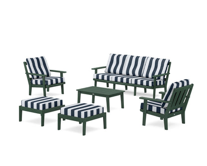 POLYWOOD® Oxford 6-Piece Lounge Sofa Set in Green / Cabana Stripe Marine Indigo