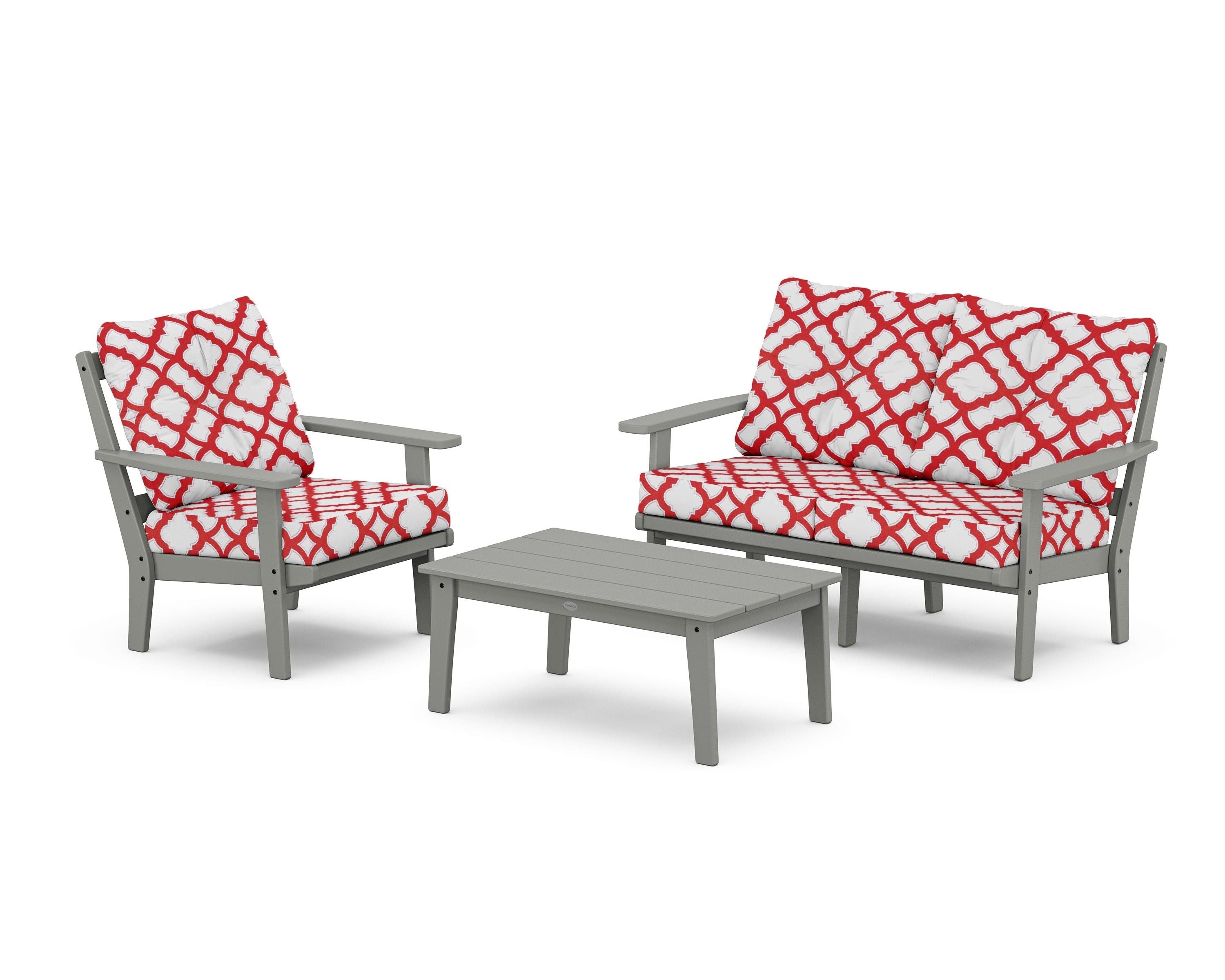 POLYWOOD® Prairie 3-Piece Deep Seating Set with Loveseat in Slate Grey / Trellis Crimson