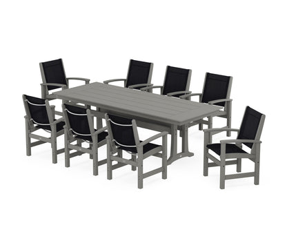 POLYWOOD® Coastal 9-Piece Farmhouse Dining Set with Trestle Legs in Slate Grey / Black Sling