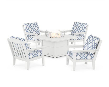 Country Living Cottage 5-Piece Deep Seating Set with Fire Pit Table in White / Trellis Sky Blue