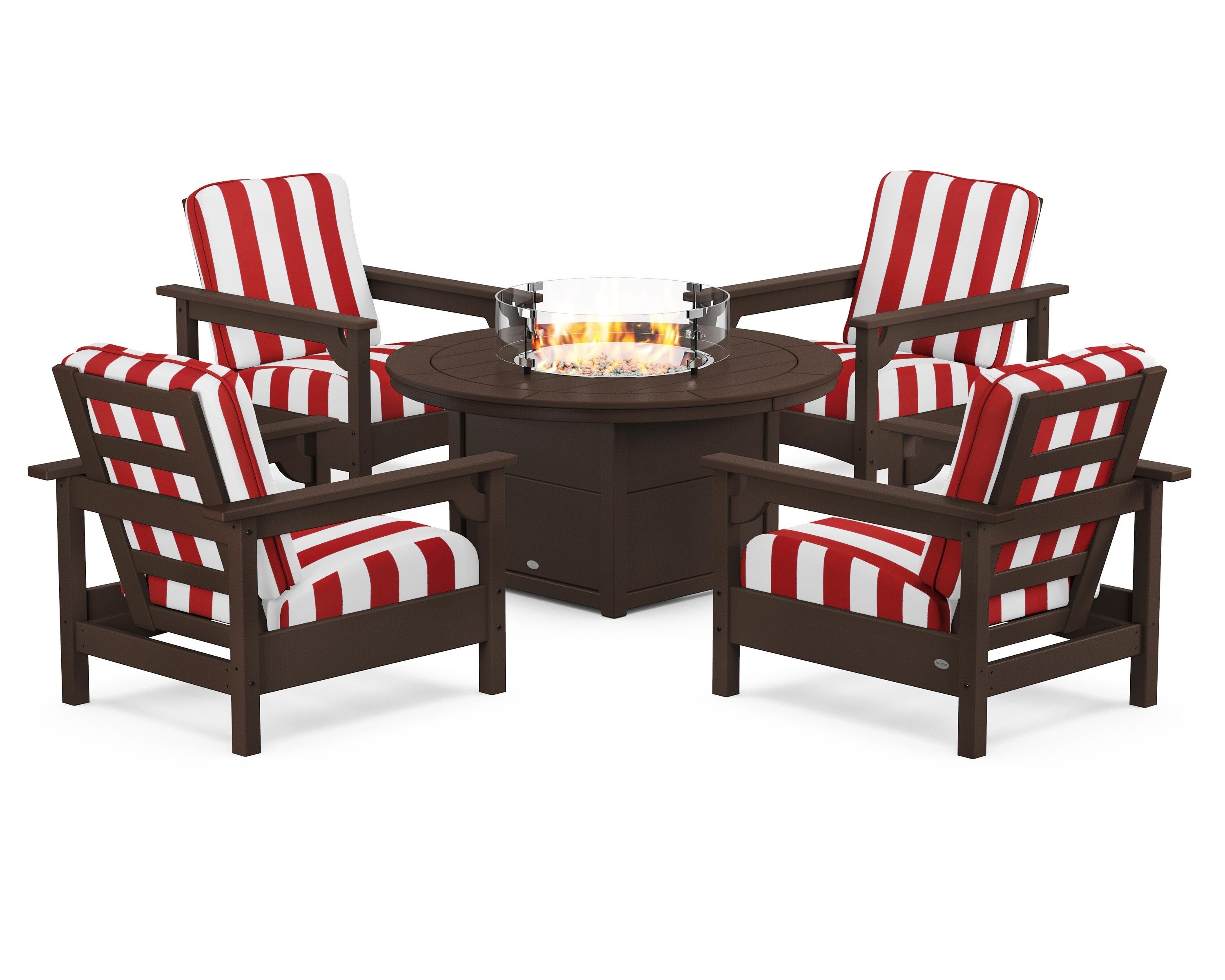 POLYWOOD® Club 5-Piece Conversation Set with Fire Pit Table in Mahogany / Cabana Stripe Crimson