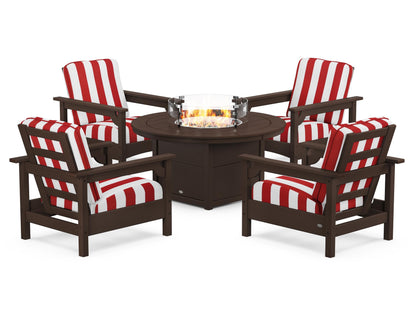 POLYWOOD® Club 5-Piece Conversation Set with Fire Pit Table in Mahogany / Cabana Stripe Crimson