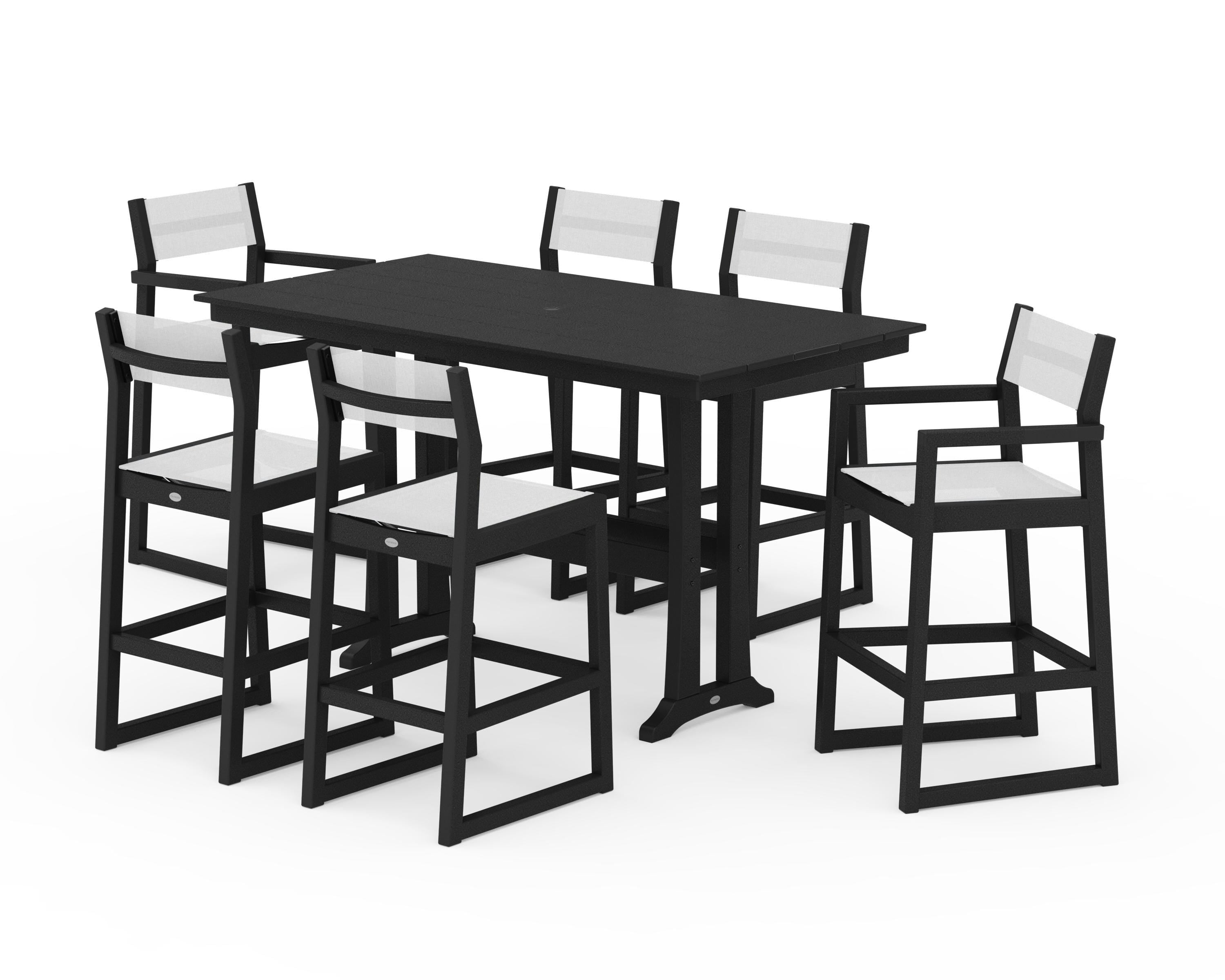 POLYWOOD® EDGE Sling 7-Piece Farmhouse Bar Set with Trestle Legs in Black / White Sling