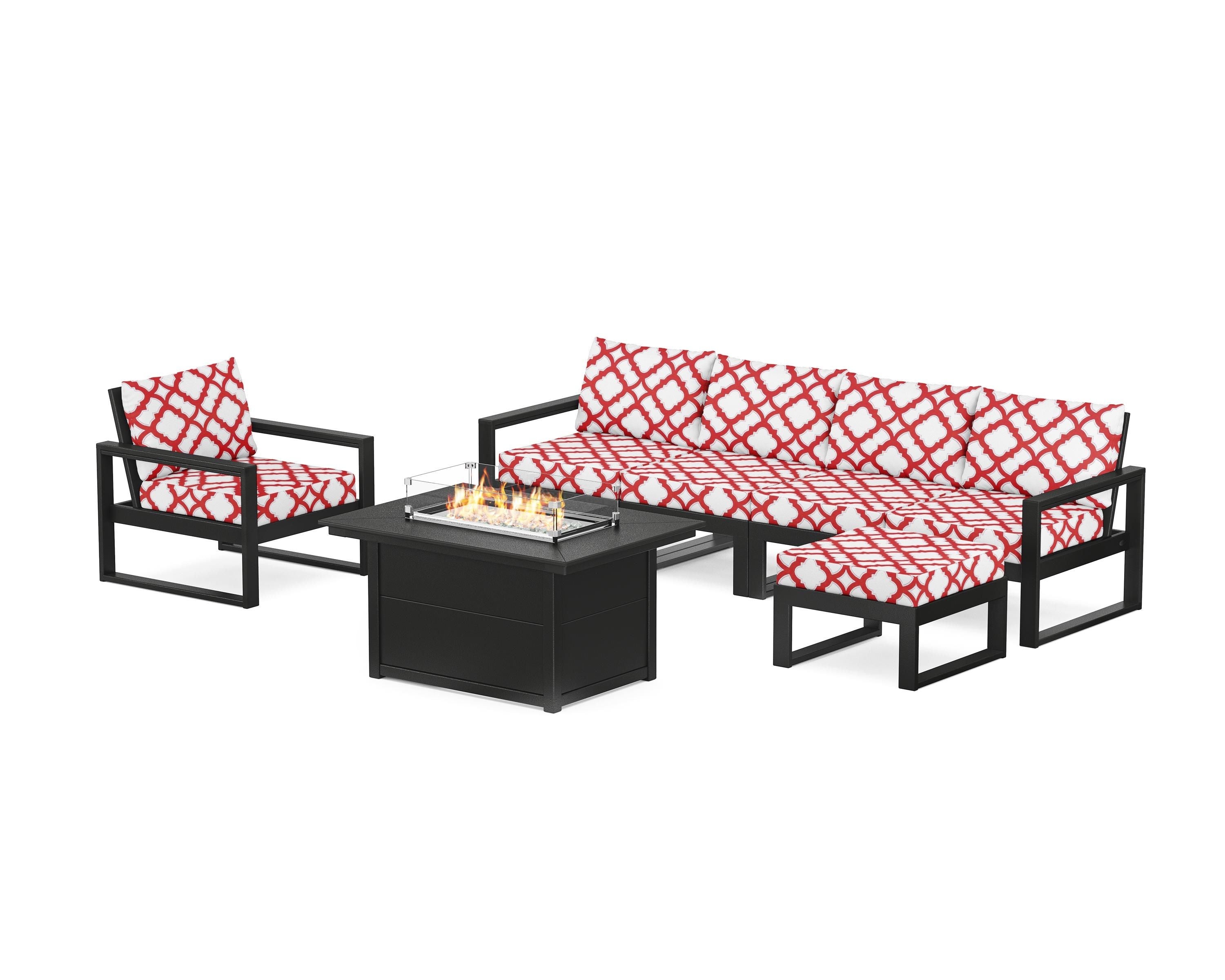 POLYWOOD® EDGE Sectional Lounge and Fire Pit Set in Black / Trellis Crimson
