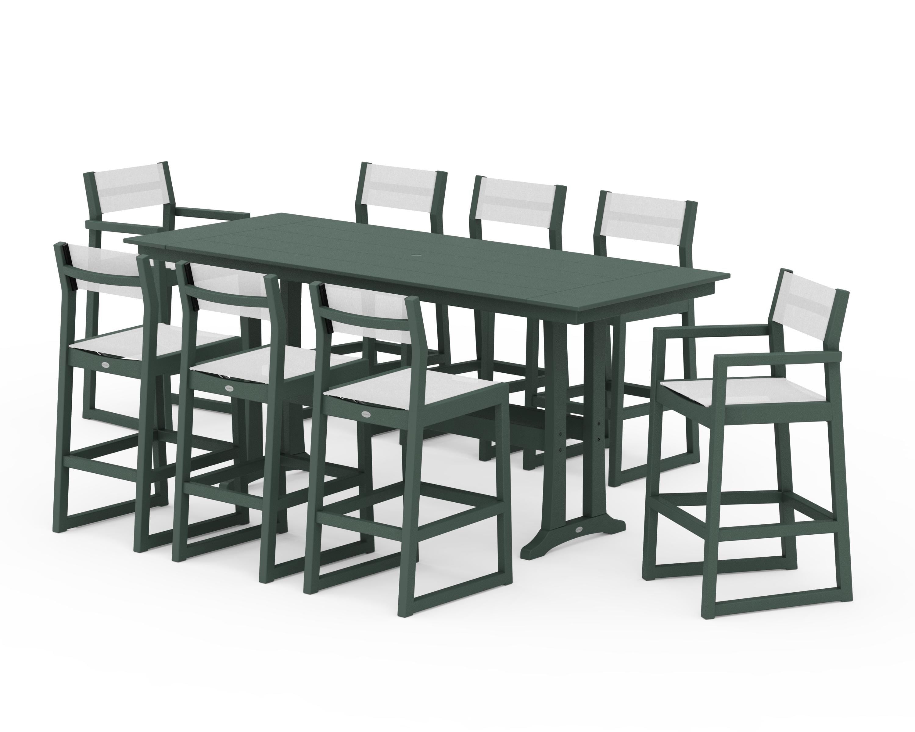 POLYWOOD® EDGE Sling 9-Piece Farmhouse Bar Set with Trestle Legs in Green / White Sling