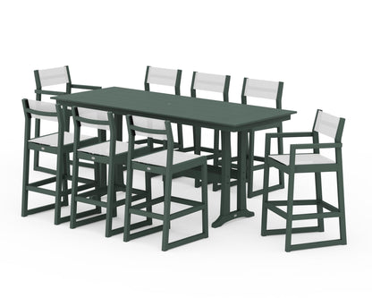 POLYWOOD® EDGE Sling 9-Piece Farmhouse Bar Set with Trestle Legs in Green / White Sling