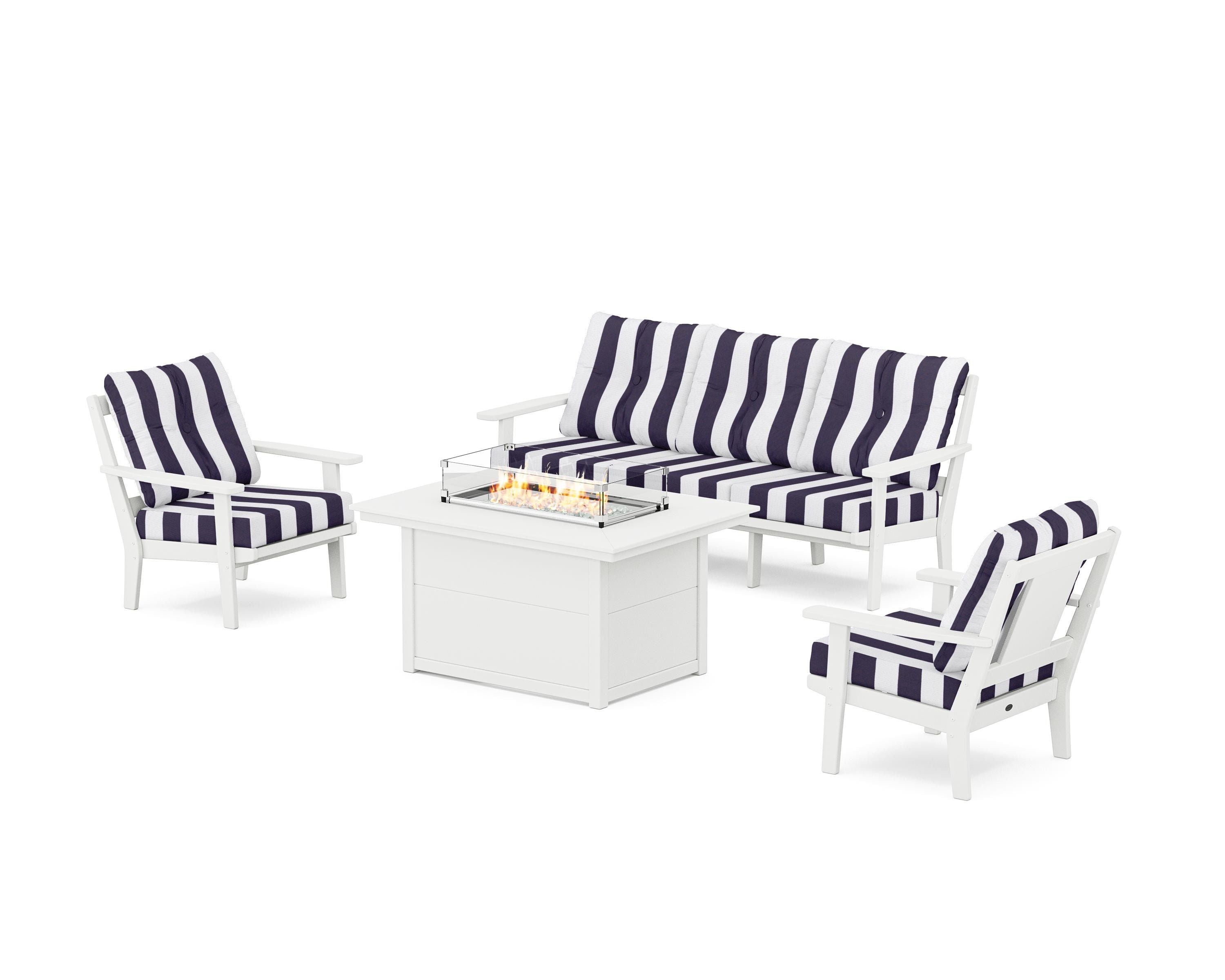 POLYWOOD® Prairie Deep Seating Fire Pit Table Set in White / Cabana Stripe Navy