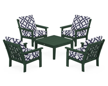 POLYWOOD® Vineyard 5-Piece Deep Seating Conversation Set in Green / Trellis Navy