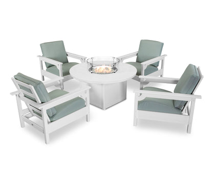POLYWOOD® Club 5-Piece Conversation Set with Fire Pit Table in White / Spa