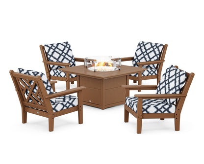 POLYWOOD® Chippendale 5-Piece Deep Seating Set with Fire Pit Table in Teak / Trellis Marine Indigo