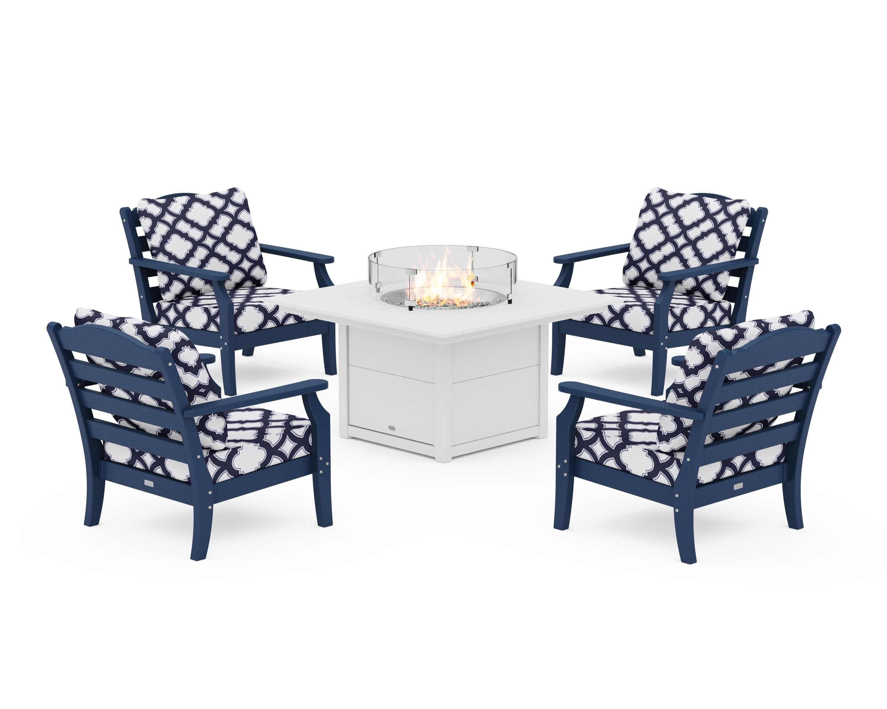 Draper James™ by  POLYWOOD® Savannah 5-Piece Deep Seating Set with Fire Pit Table in Navy / Trellis Navy