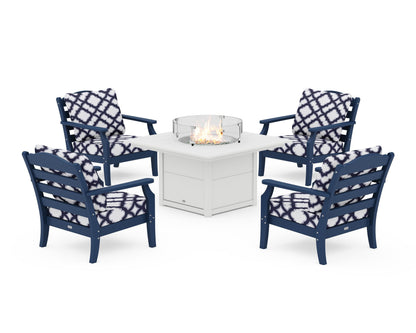Draper James™ by  POLYWOOD® Savannah 5-Piece Deep Seating Set with Fire Pit Table in Navy / Trellis Navy