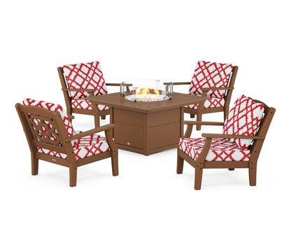 Martha Stewart by POLYWOOD® Chinoiserie 5-Piece Deep Seating Set with Fire Pit Table in Teak / Trellis Crimson