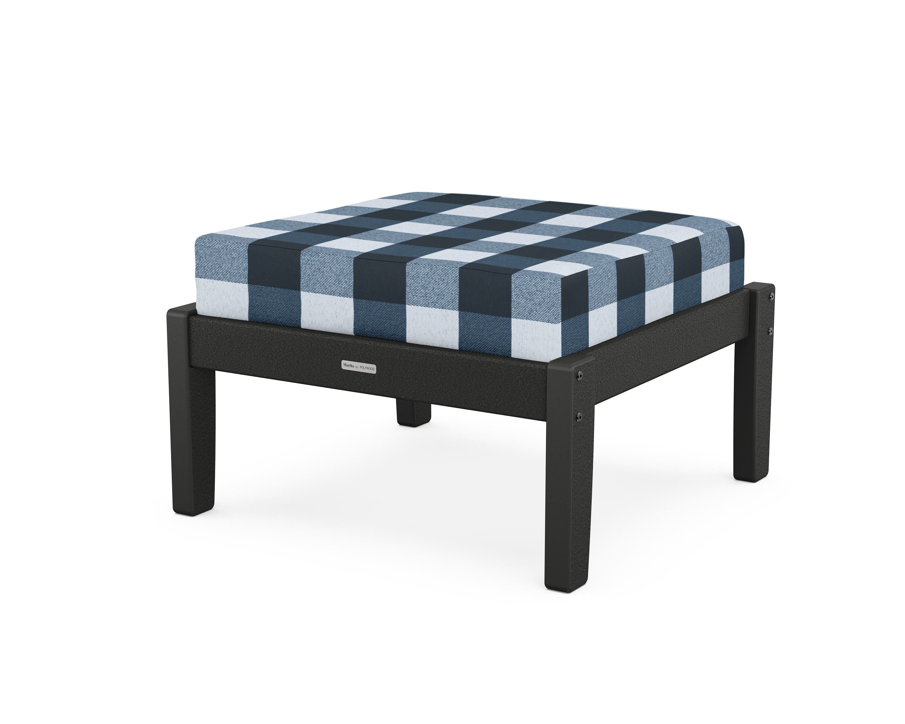 Martha Stewart by POLYWOOD® Chinoiserie Deep Seating Ottoman in Black / Buffalo Plaid Marine Indigo