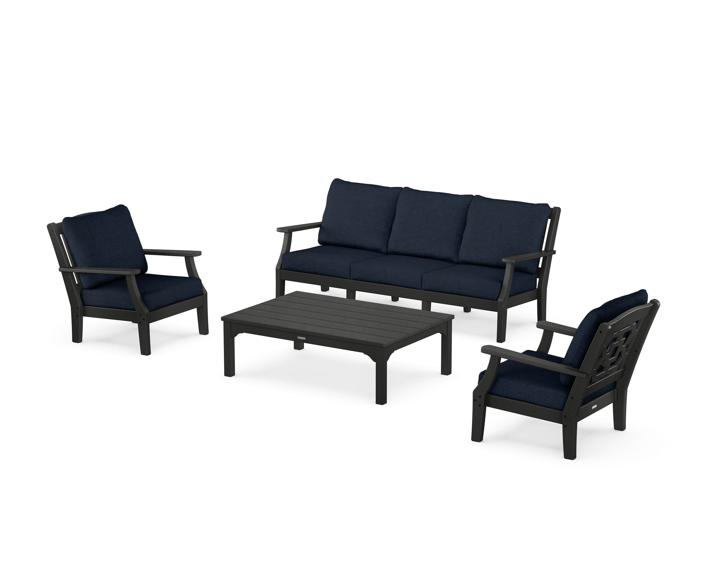 Martha Stewart by POLYWOOD® Chinoiserie 4-Piece Deep Seating Set with Sofa in Black / Marine Indigo