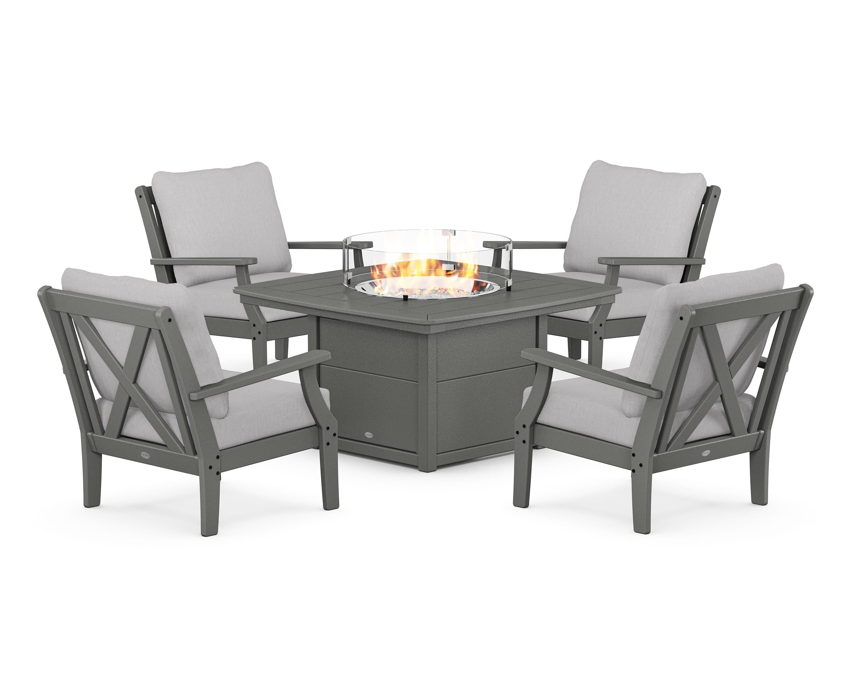 POLYWOOD® Braxton 5-Piece Deep Seating Conversation Set with Fire Pit Table in Slate Grey / Granite