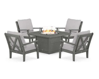 POLYWOOD® Braxton 5-Piece Deep Seating Conversation Set with Fire Pit Table in Slate Grey / Granite