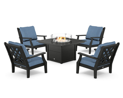 Country Living Wovendale 5-Piece Deep Seating Set with Fire Pit Table in Black / Sky Blue