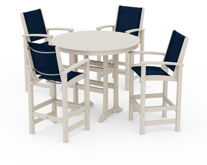 POLYWOOD® Coastal 5-Piece Nautical Trestle Bar Set in Sand / Navy Blue Sling