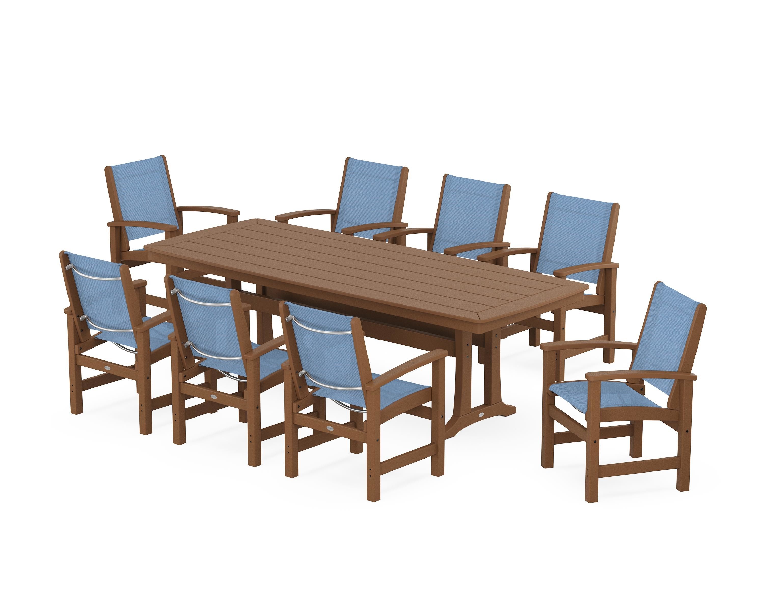 POLYWOOD® Coastal 9-Piece Dining Set with Trestle Legs in Teak / Poolside Sling