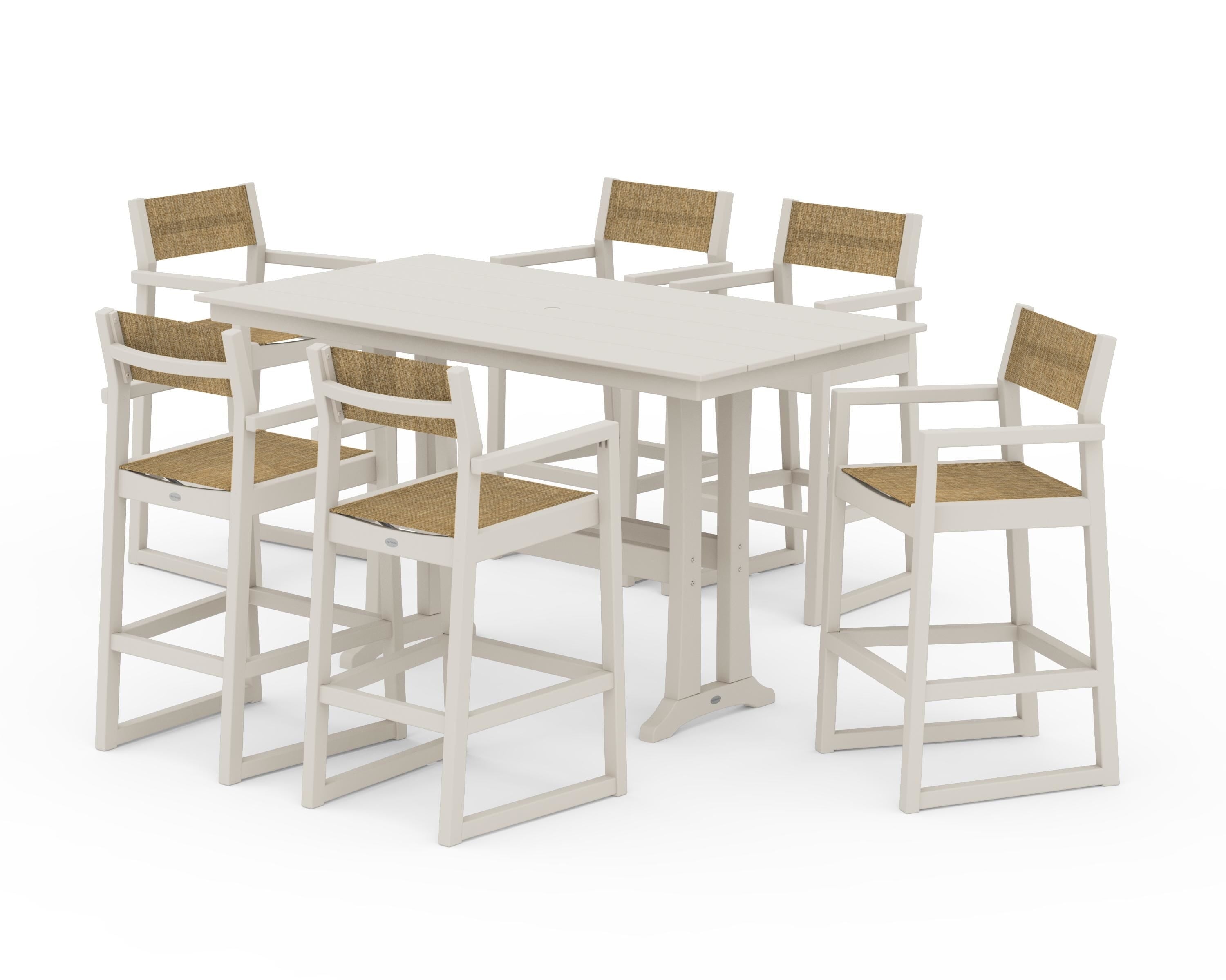 POLYWOOD® EDGE Sling Arm Chair 7-Piece Farmhouse Bar Set with Trestle Legs in Sand / Burlap Sling