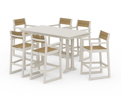 POLYWOOD® EDGE Sling Arm Chair 7-Piece Farmhouse Bar Set with Trestle Legs in Sand / Burlap Sling