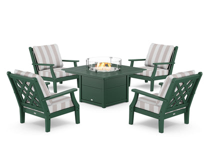Country Living Wovendale 5-Piece Deep Seating Set with Fire Pit Table in Green / Cabana Stripe Dune Burlap