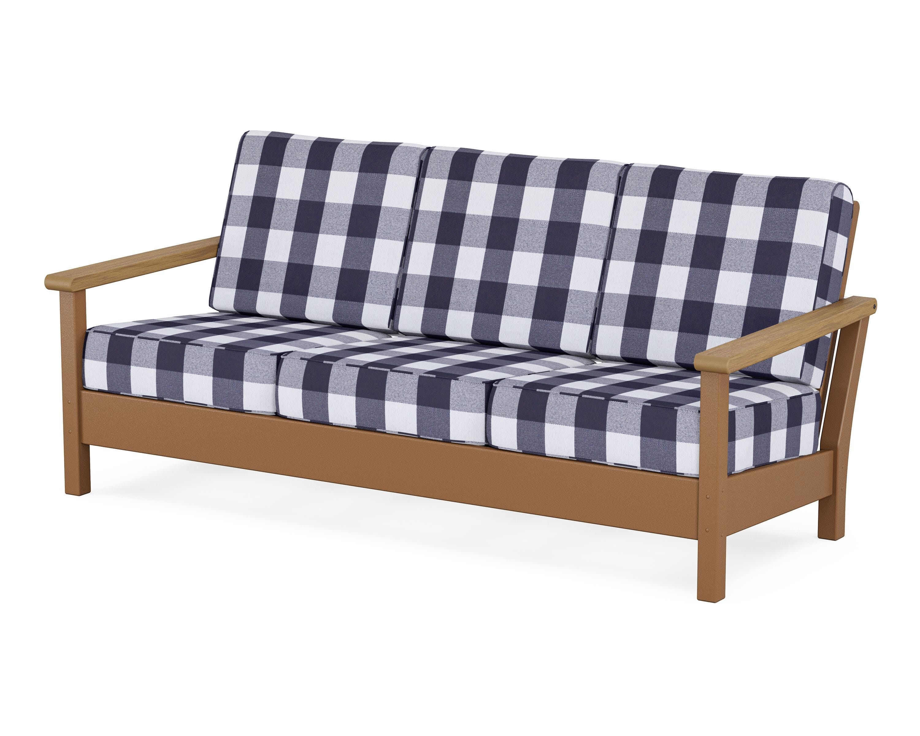 POLYWOOD® Harbour Deep Seating Sofa in Teak / Natural / Buffalo Plaid Navy