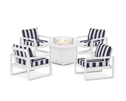 POLYWOOD® EDGE Sectional 5-Piece Deep Seating Set with Fire Pit Table in White / Cabana Stripe Navy