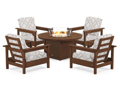 POLYWOOD® Club 5-Piece Conversation Set with Fire Pit Table in Teak / Trellis Dune Burlap