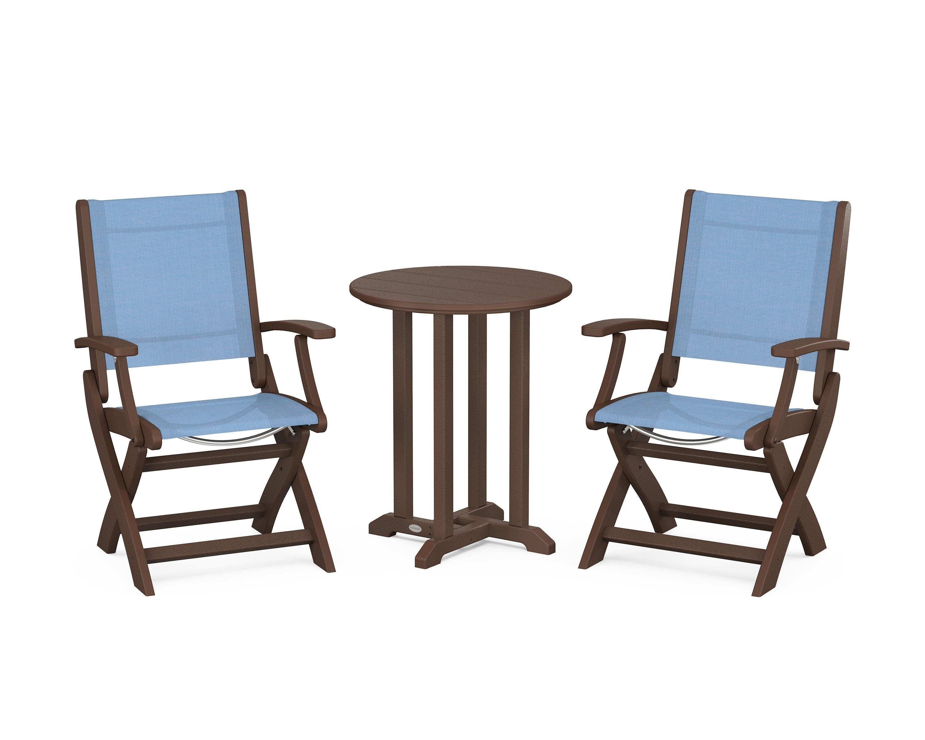 POLYWOOD® Coastal Folding 3-Piece Round Bistro Dining Set in Mahogany / Poolside Sling