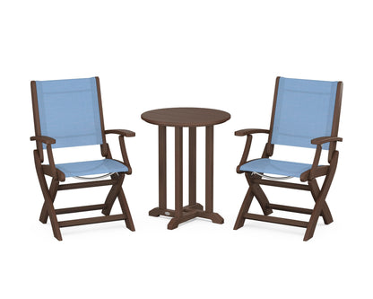 POLYWOOD® Coastal Folding 3-Piece Round Bistro Dining Set in Mahogany / Poolside Sling