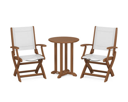 POLYWOOD® Coastal Folding 3-Piece Round Bistro Dining Set in Teak / White Sling