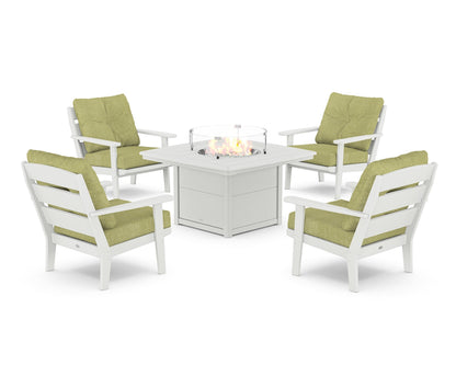 POLYWOOD® Lakeside 5-Piece Deep Seating Set with Nautical Fire Pit Table in White / Chartreuse Boucle