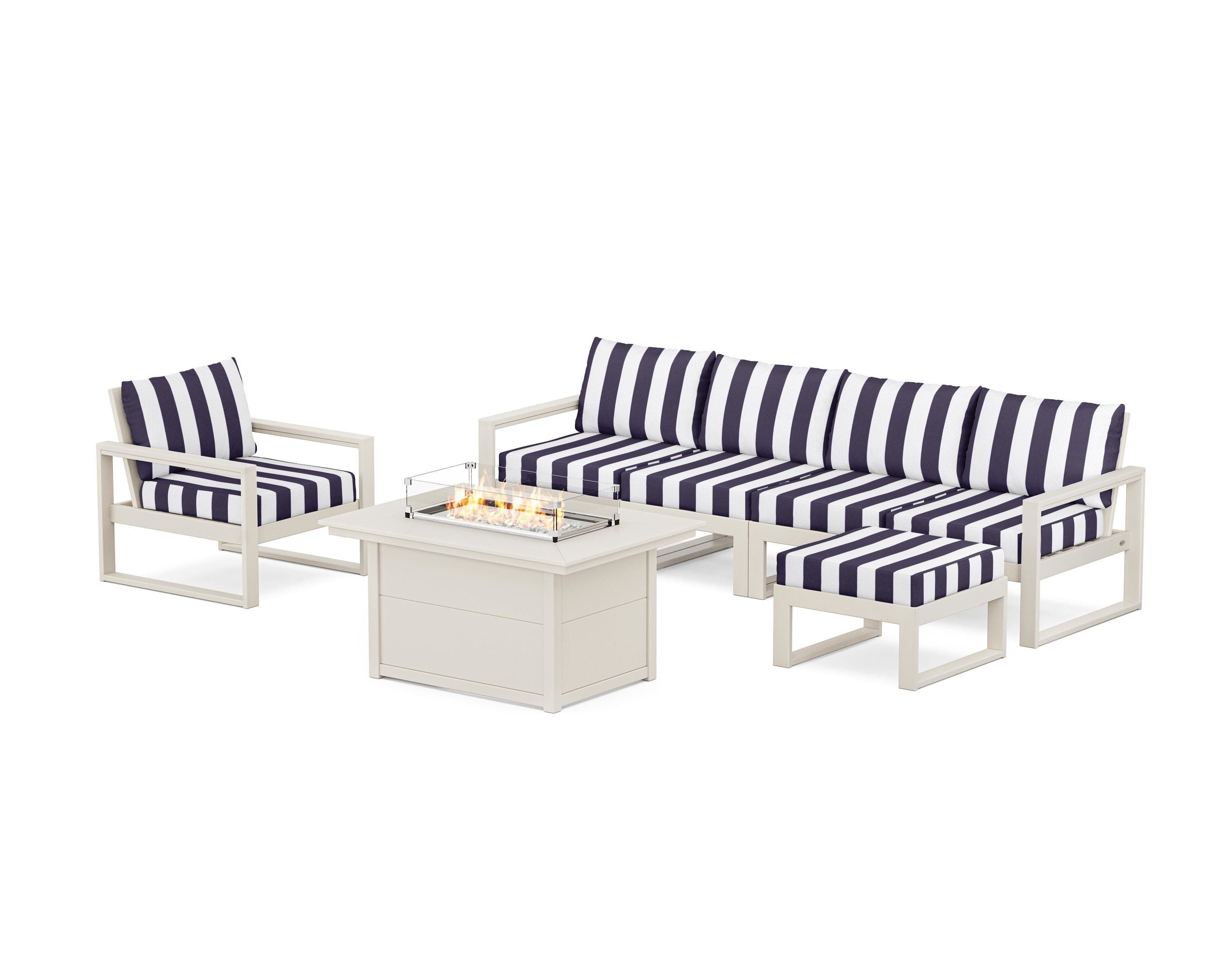 POLYWOOD® EDGE Sectional Lounge and Fire Pit Set in Sand / Cabana Stripe Navy