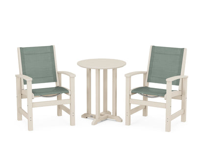 POLYWOOD® Coastal 3-Piece Round Bistro Dining Set in Sand / Dupioni Sea Mist Sling