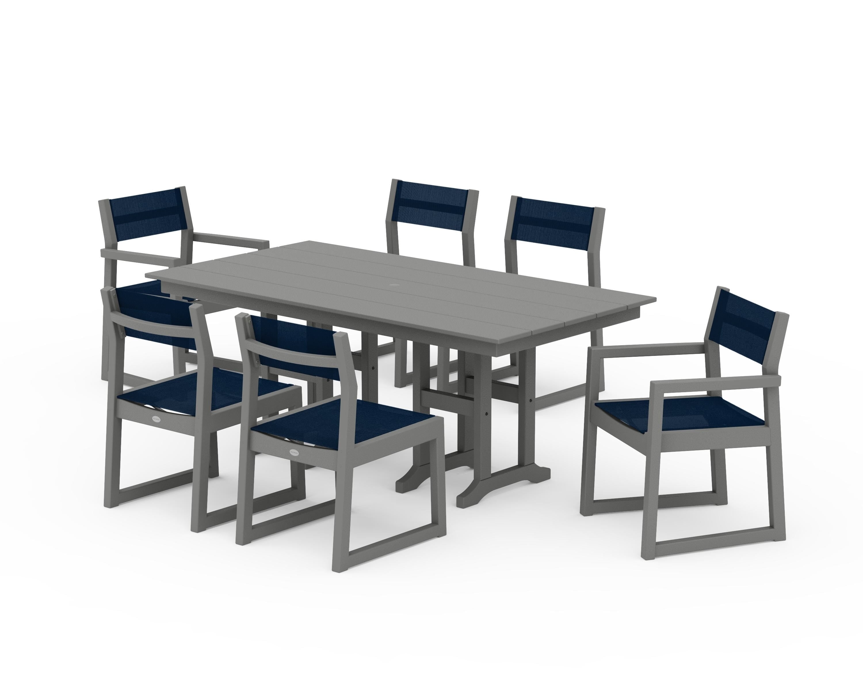 POLYWOOD® EDGE Sling 7-Piece Farmhouse Dining Set in Slate Grey / Navy Blue Sling
